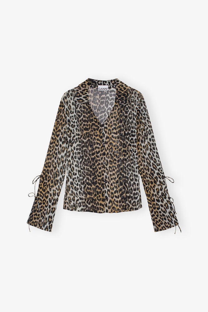 Leopard Printed Chiffon Slim Shirt, Almond Milk