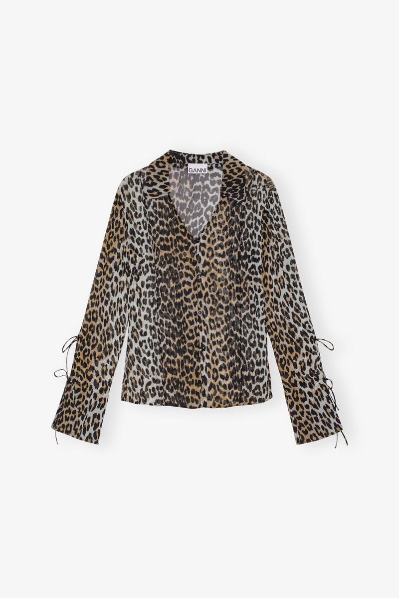 Leopard Printed Chiffon Slim Shirt, Recycled Polyester, in colour Almond Milk - 1 - GANNI