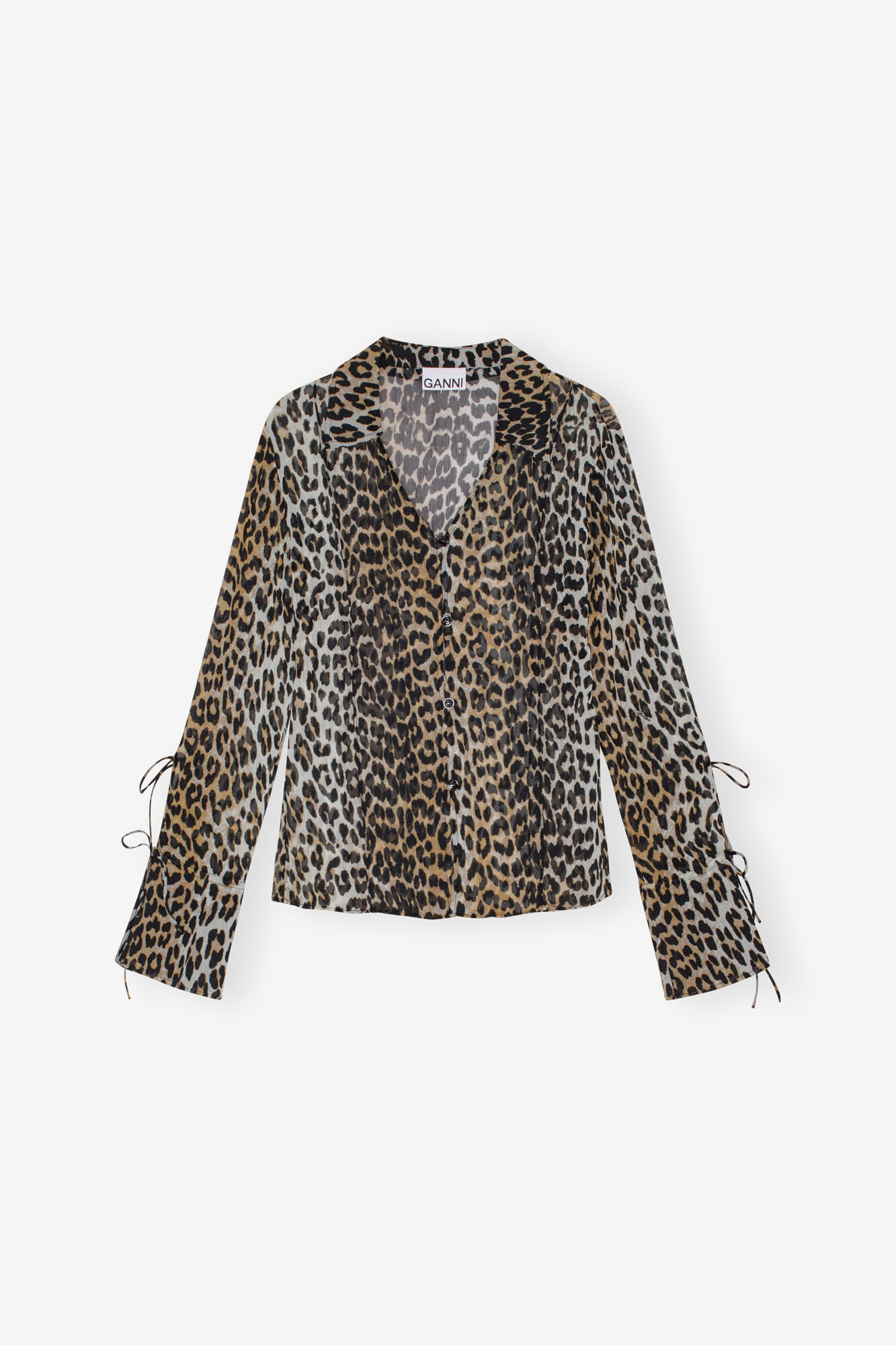 Leopard Printed Chiffon Slim Shirt, Recycled Polyester, in colour Almond Milk - 1 - GANNI