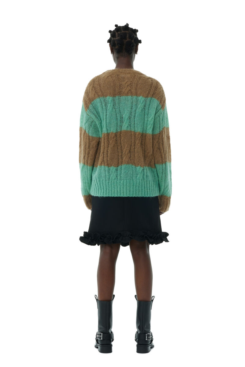 Striped Mohair Cable O-neck Sweater, Merino Wool, in colour Tiger's Eye - 4 - GANNI