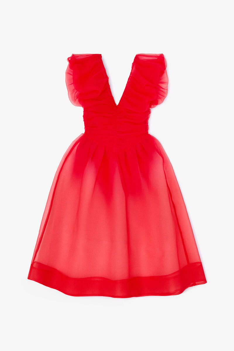 Robe fronc&eacute;e rouge en organza, Recycled Polyester, in colour Mars Red - 1 - GANNI
