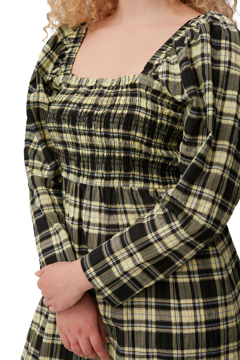 Checkered Seersucker Maxi Dress, Cotton, in colour Check Elfin Yellow - 7 - GANNI