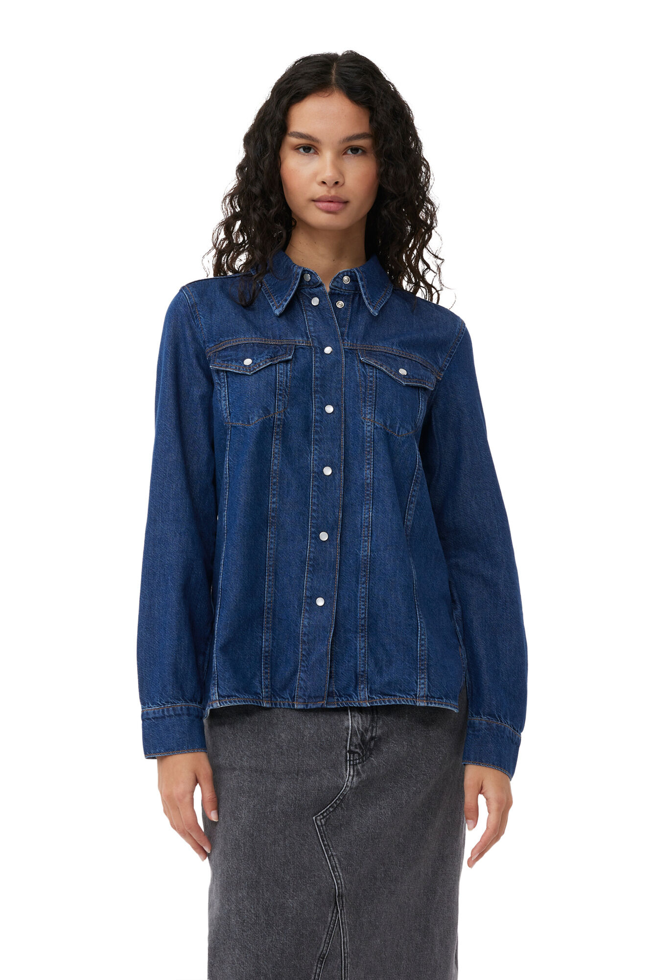 Re-Cut Denim Shirt, Lyocell, in colour Mid Blue Stone - 4 - GANNI