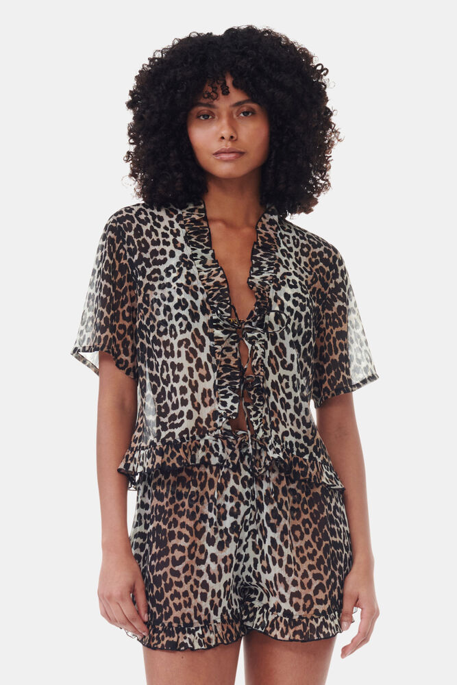Leopard Printed Chiffon Tie String Blouse, Leopard