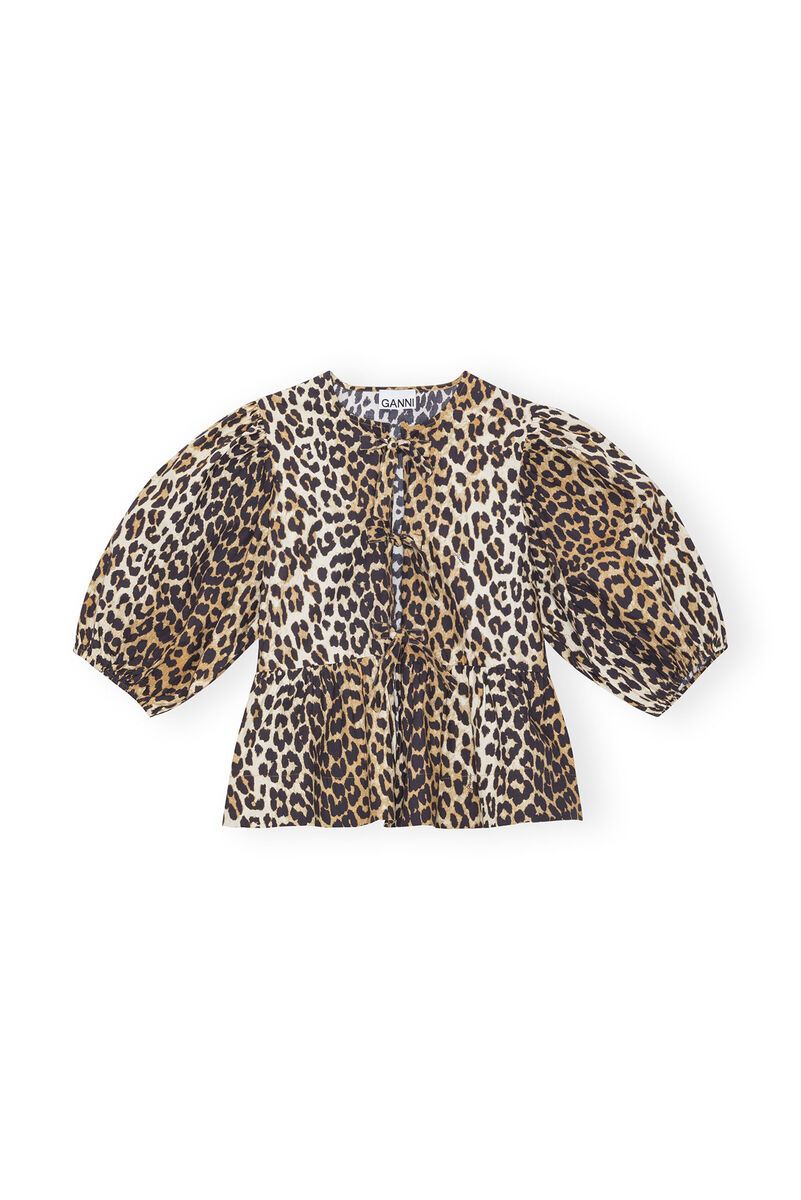 Leopard Cotton Poplin Peplum Tie Blouse, Cotton, in colour Leopard - 1 - GANNI