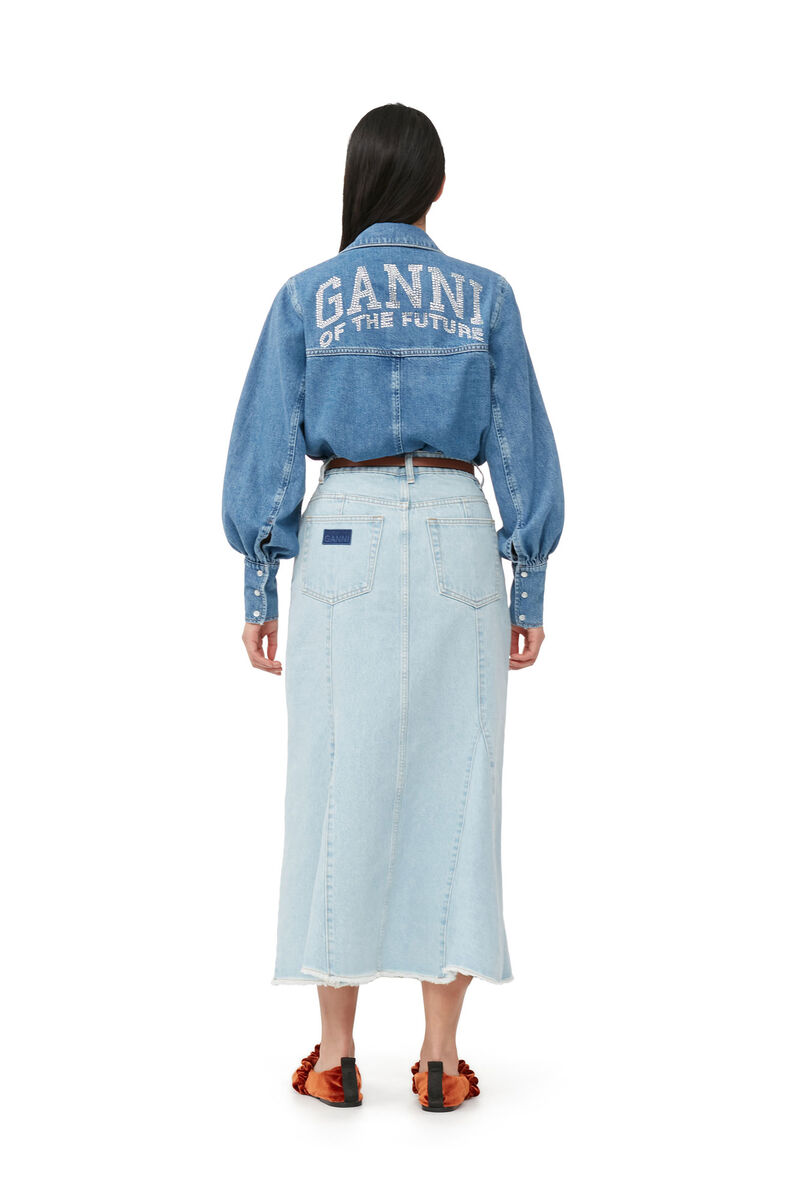 Bleach Denim Peplum Midi Skirt, Cotton, in colour Light Blue Stone - 3 - GANNI