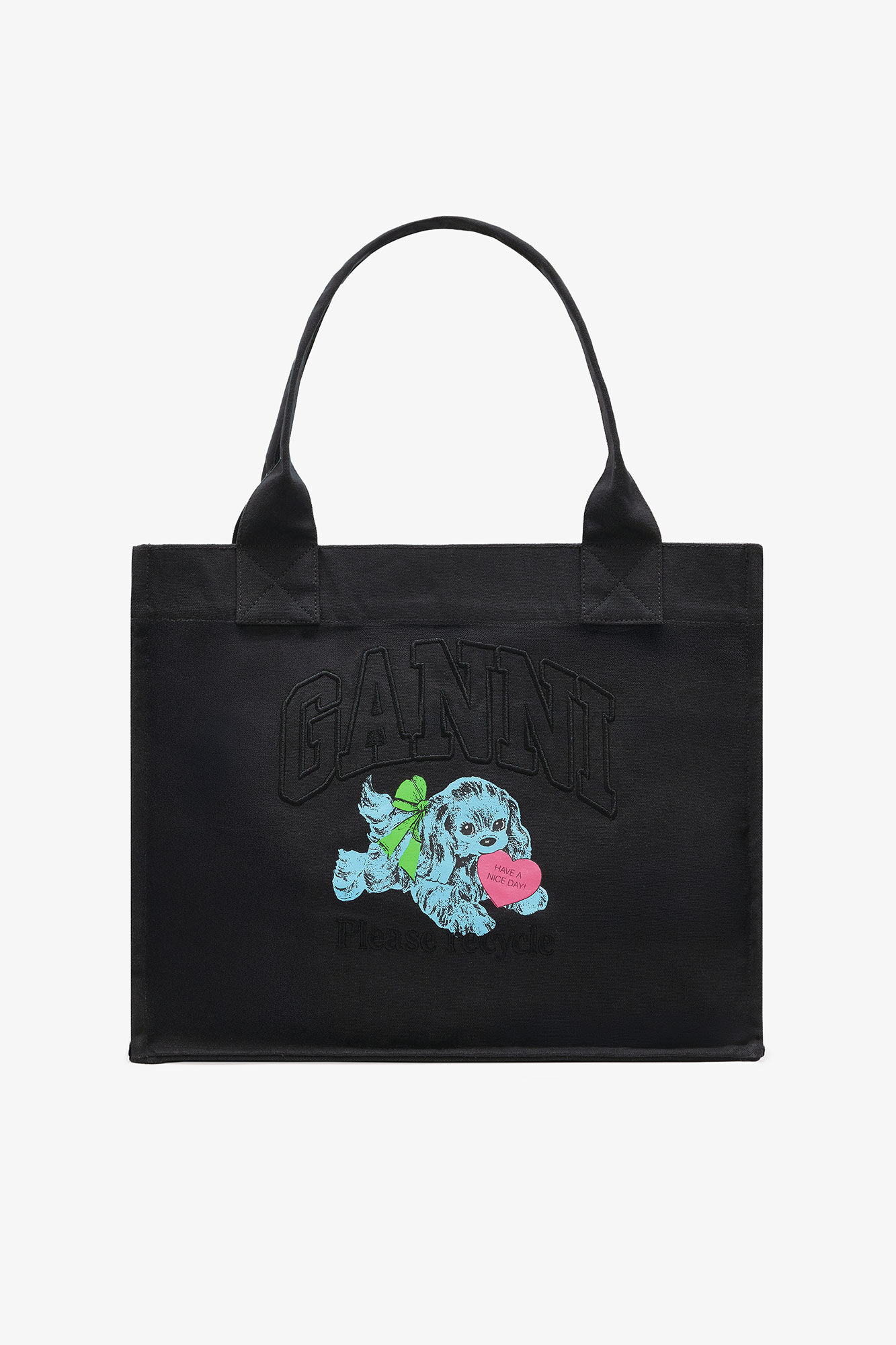 Black Puppy Large Tote, Recycled Cotton, in colour Phantom - 1 - GANNI