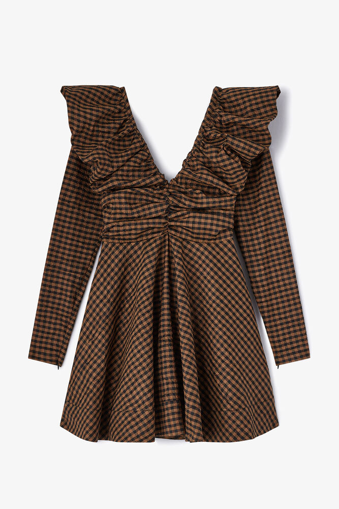 Dress in Check Taffeta, Tobacco Brown