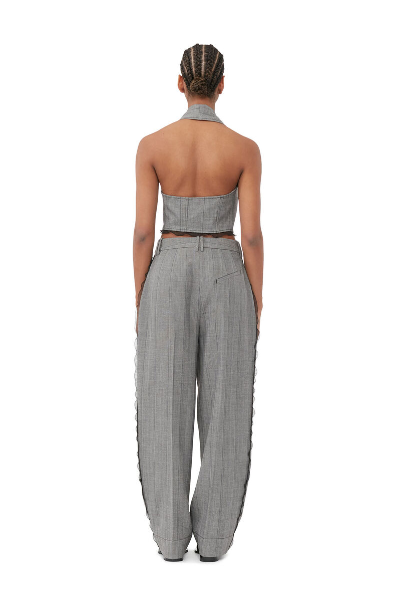Grey Herringbone Suiting Pleated Trousers, Elastane, in colour Frost Gray - 3 - GANNI