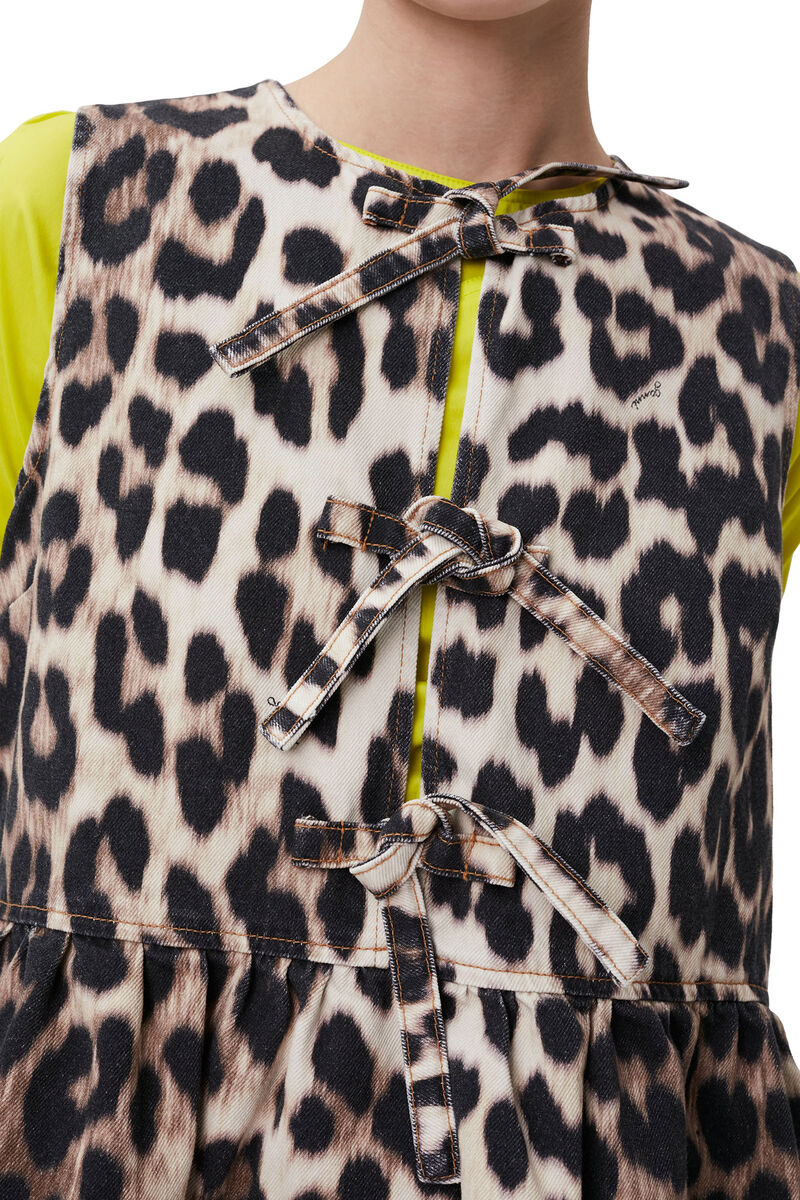 Miniklänning med leopardmönster och knytband, in colour Big Leopard Almond Milk - 6 - GANNI