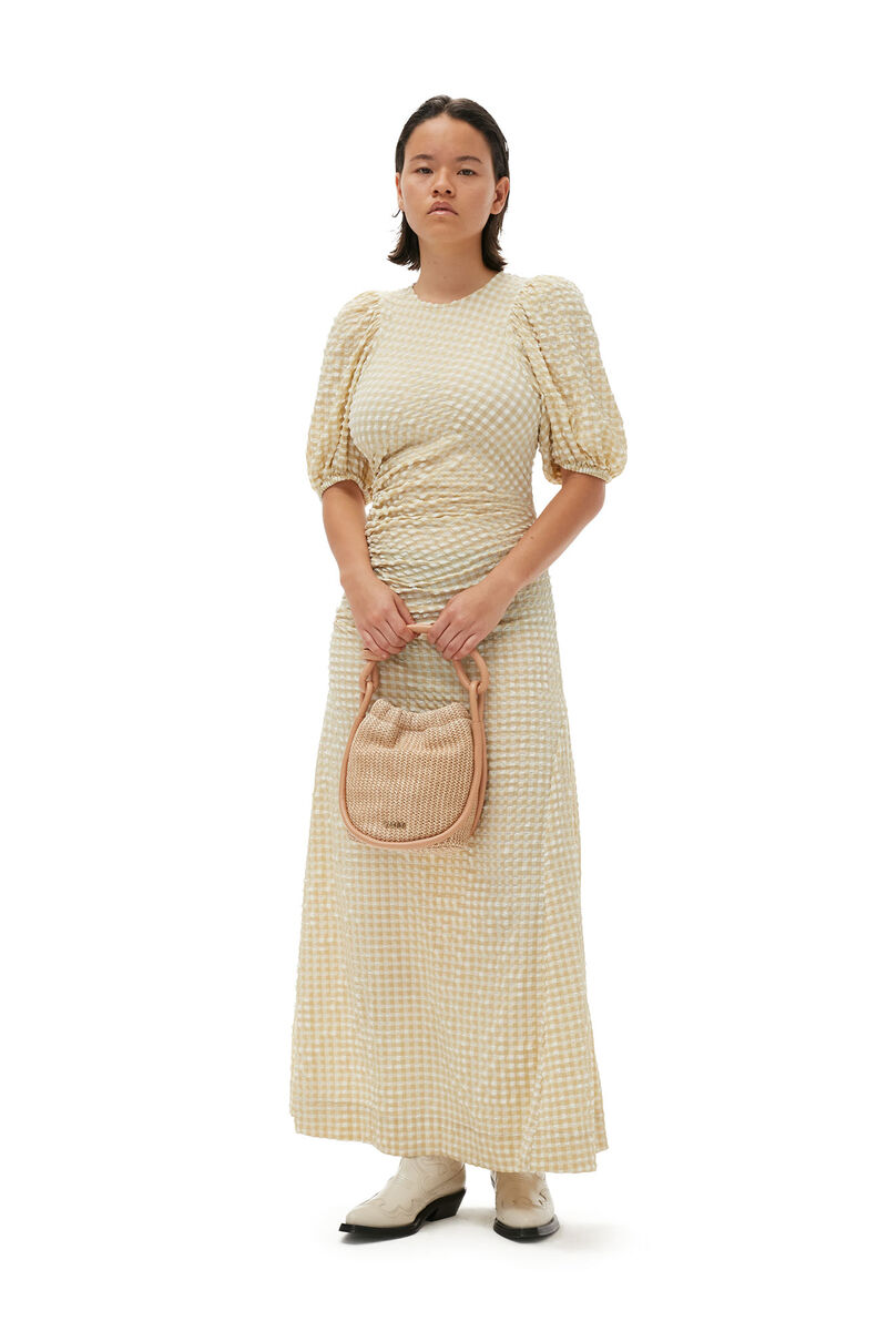 Seersucker Puff Sleeves Dress, Elastane, in colour Pale Khaki - 4 - GANNI