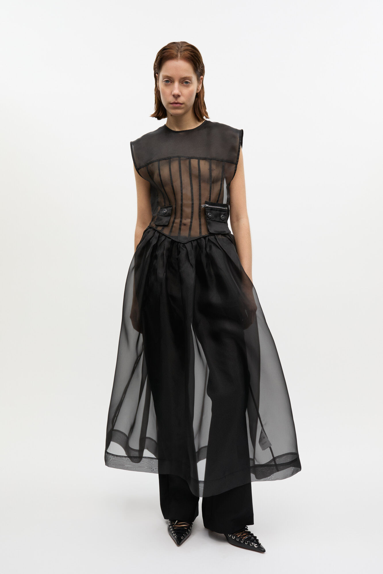 Black Technical Organza Corset Midi Dress, Recycled Polyester, in colour Black - 1 - GANNI