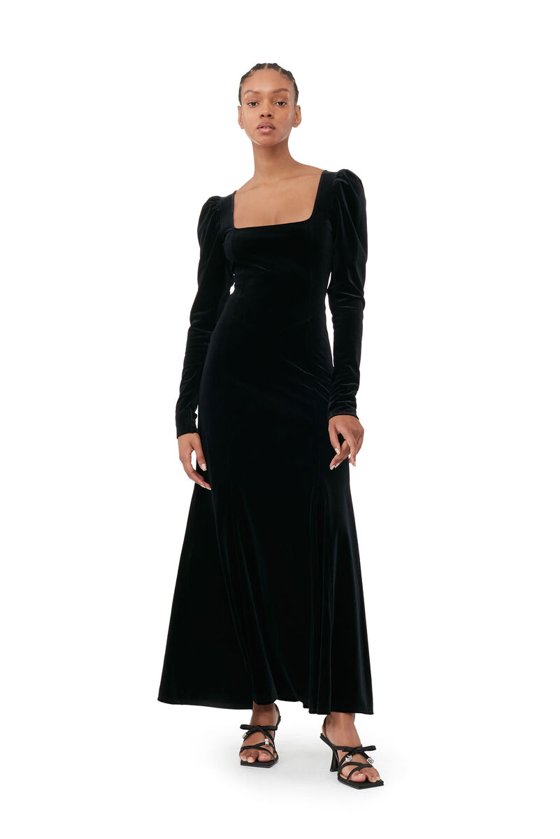 Black Velvet Jersey Maxi Dress, Recycled Polyester, in colour Black - 1 - GANNI