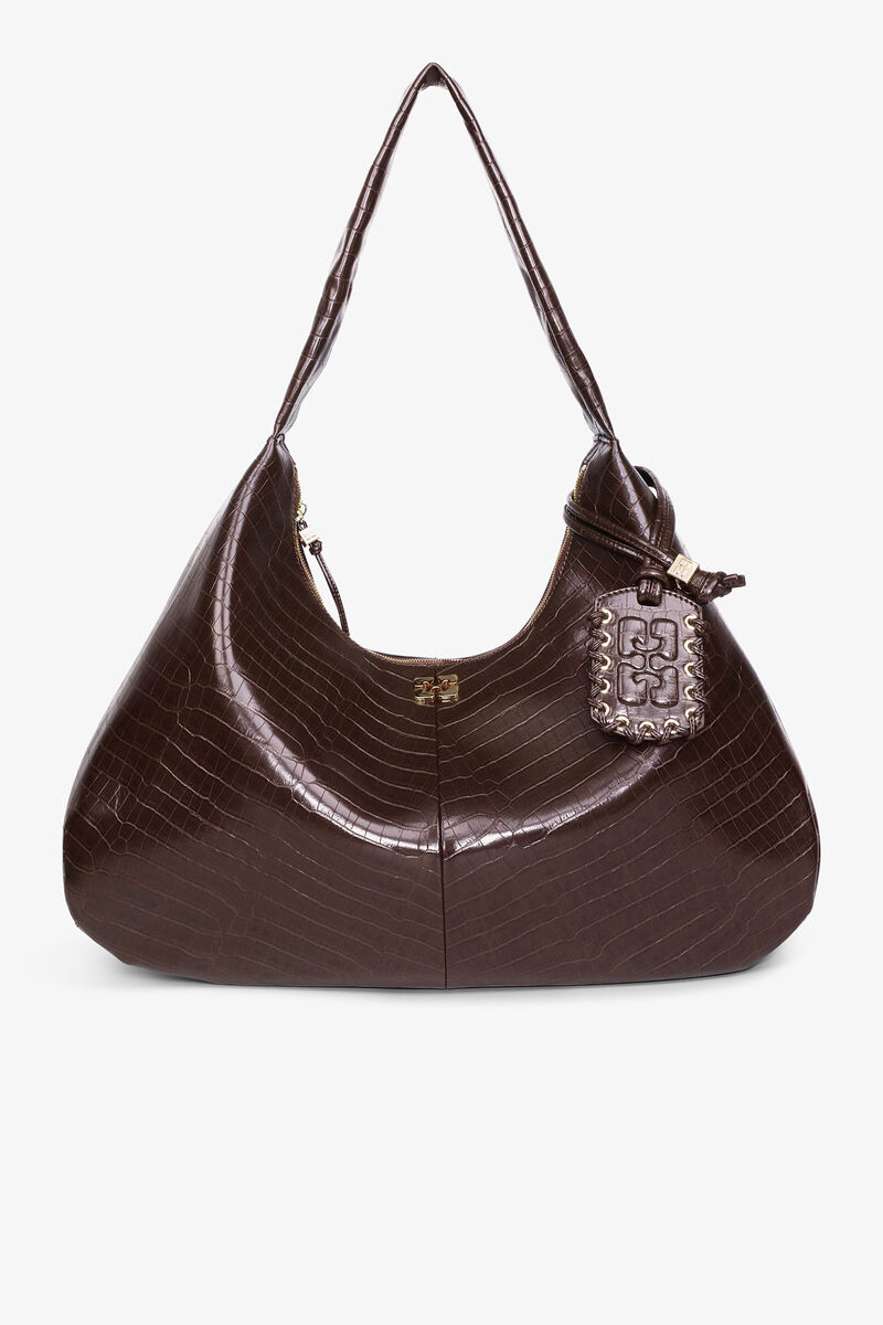 Brown Croco XXL Hobo Bag, Lyocell, in colour Chocolate Fondant - 1 - GANNI