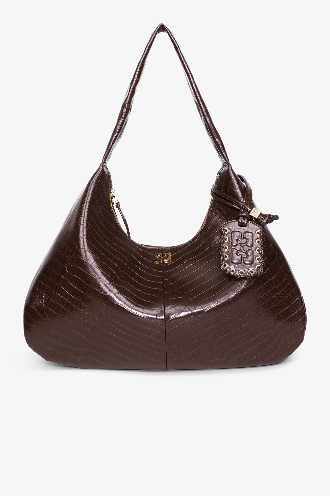 Brown Croco XXL Hobo Bag, Lyocell, in colour Chocolate Fondant - 1 - GANNI