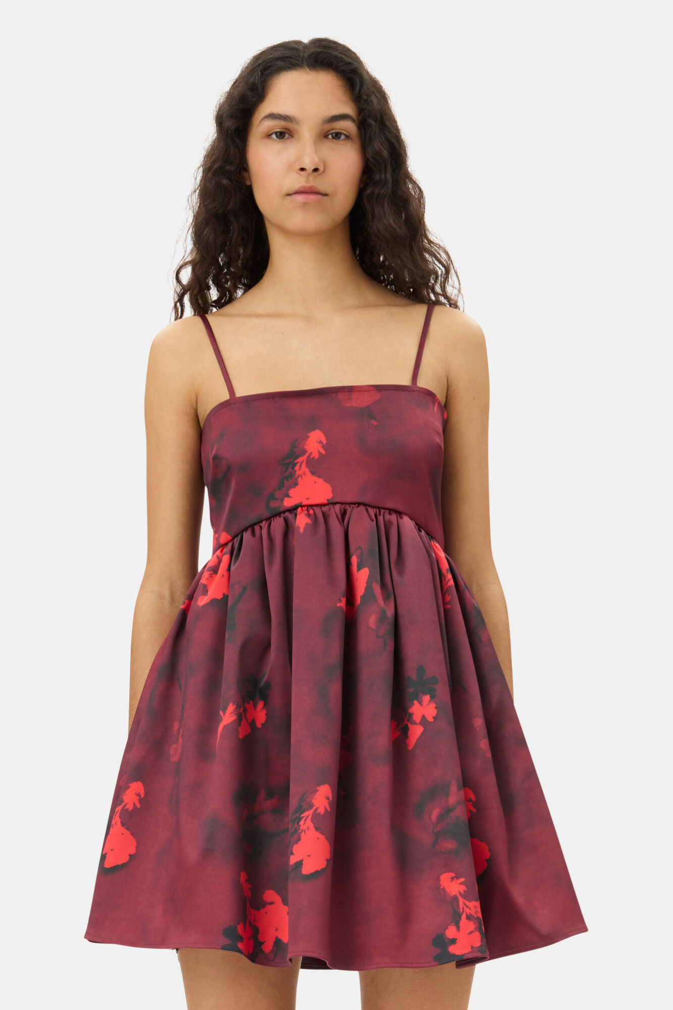 Red Floral Print Satin Strap Mini Dress, Elastane, in colour Winery - 2 - GANNI