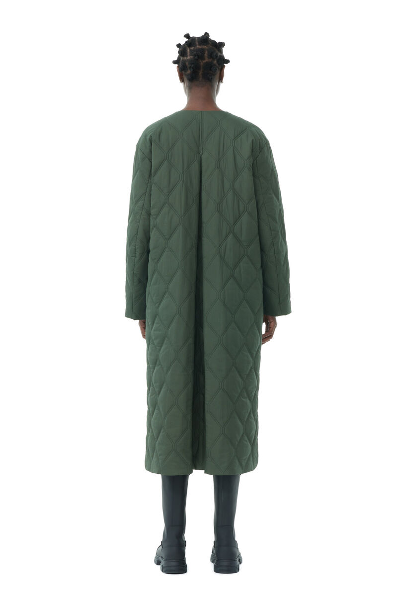 Green Quilt Long Coat, Recycled Polyamide, in colour Kombu Green - 4 - GANNI
