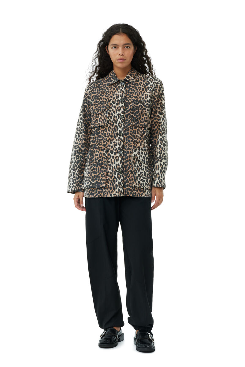 Leopard Cotton Canvas-jakke, Elastane, in colour Almond Milk - 2 - GANNI