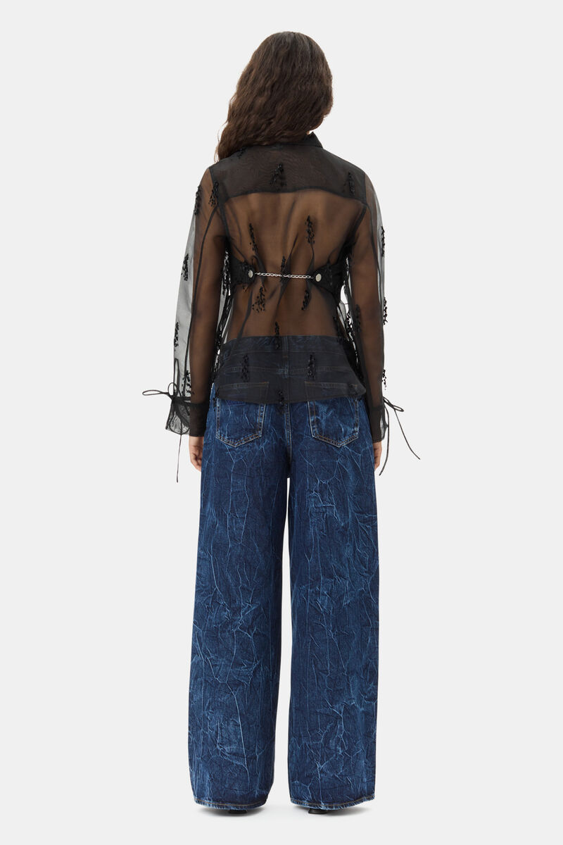 Black Fringed Organza Shirt, Recycled Polyester, in colour Black - 4 - GANNI