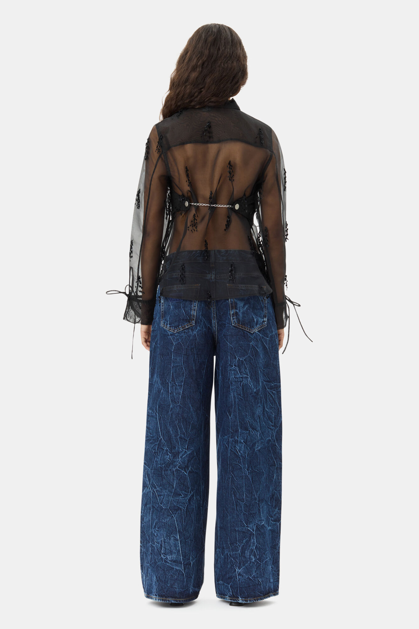 Black Fringed Organza Shirt, Recycled Polyester, in colour Black - 4 - GANNI