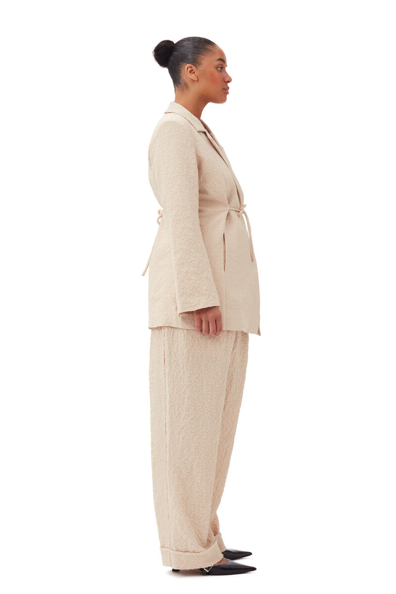 Beige Textured Suiting Mid Waist Bukser, Polyester, in colour Oyster Gray - 6 - GANNI
