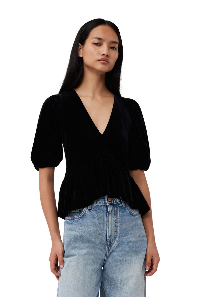 Black Velvet Jersey V-neck-bluse, Recycled Polyester, in colour Black - 1 - GANNI