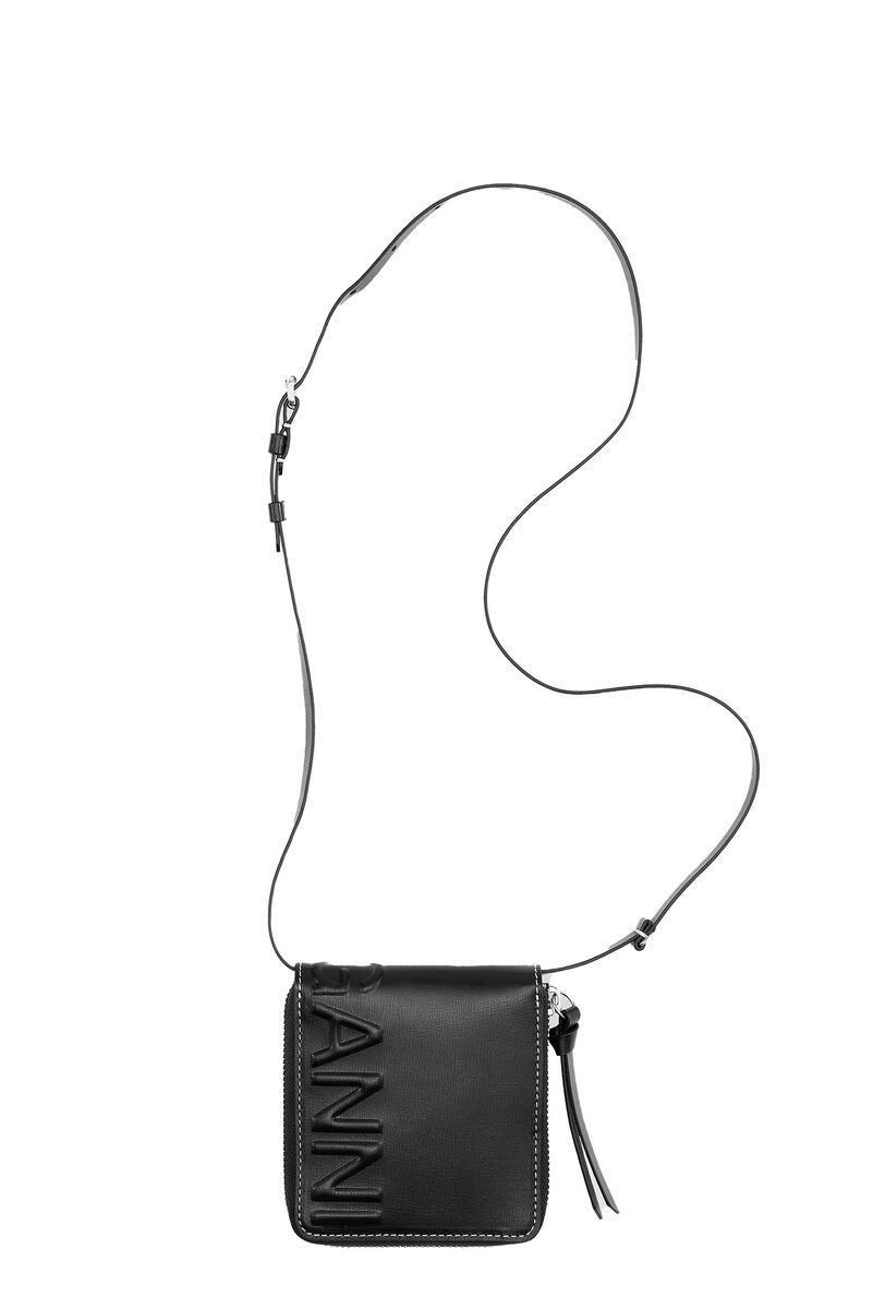 Compact Zip Around Wallet, Polyurethane, in colour Black - 1 - GANNI