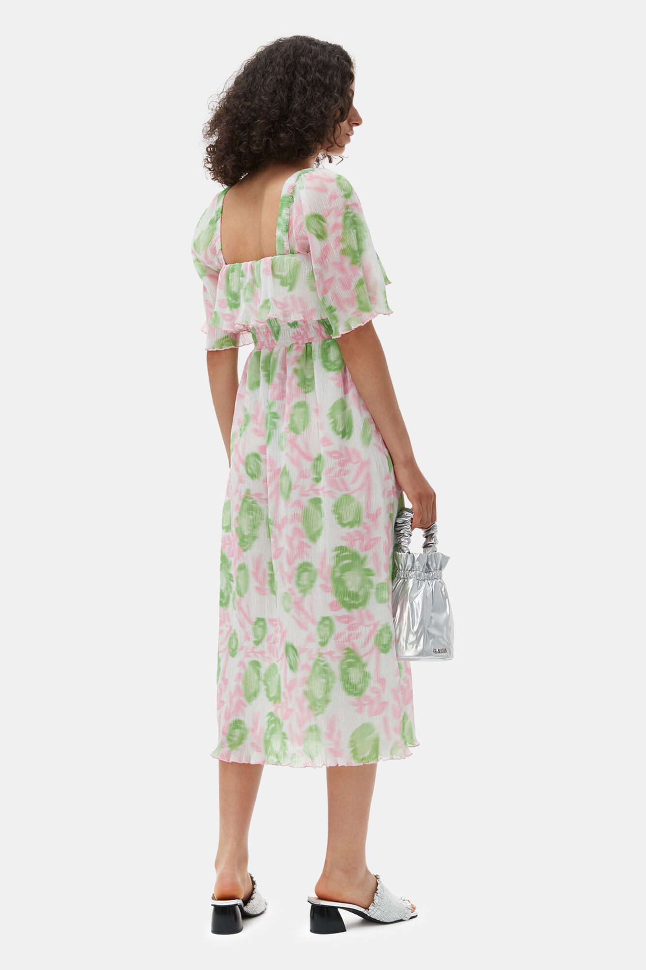 Pleated Georgette Midi Smock Dress, Recycled Polyester, in colour Pink Tulle - 2 - GANNI