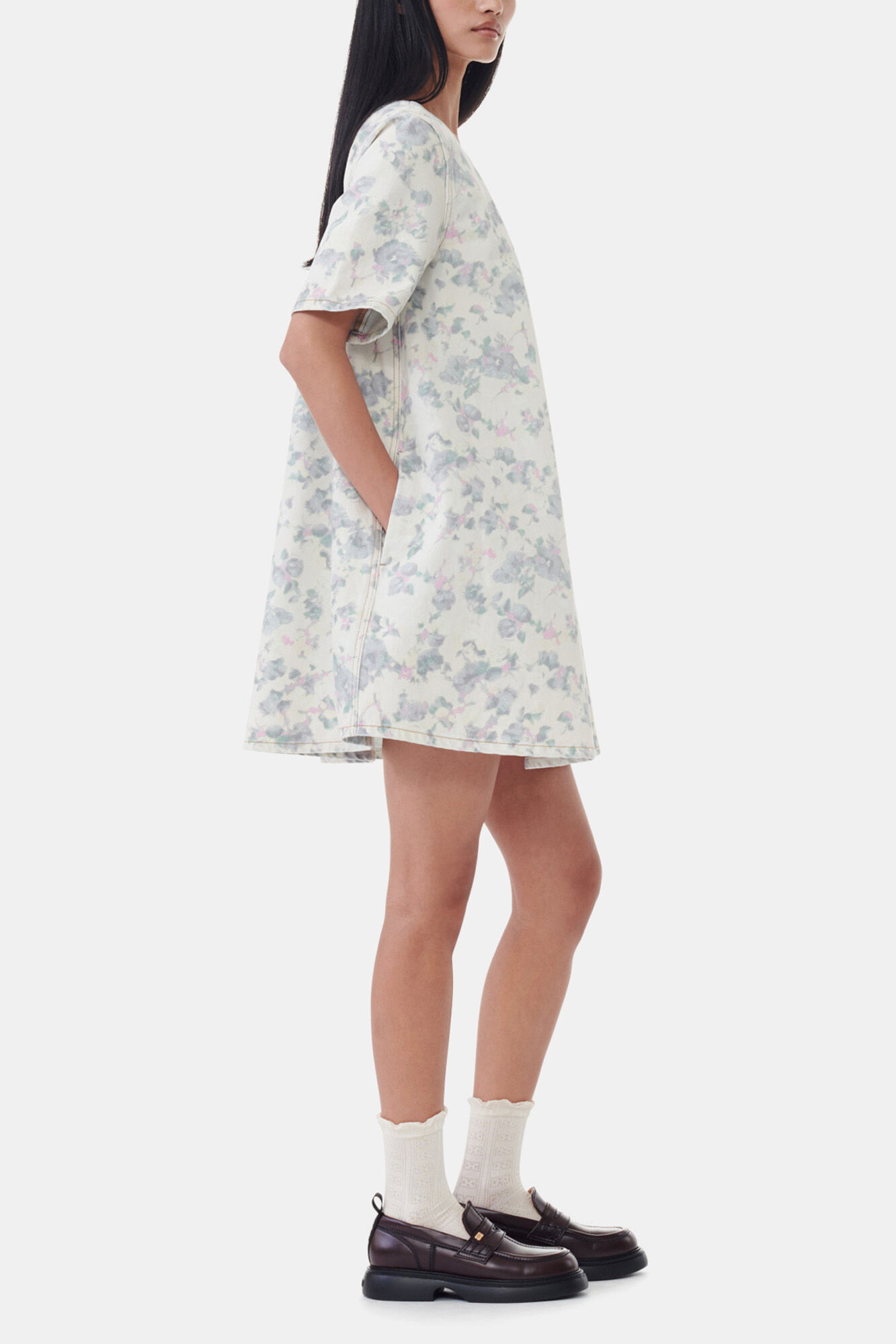 Floral Printed Denim Open Back Mini Dress, Organic Cotton, in colour Tofu - 3 - GANNI