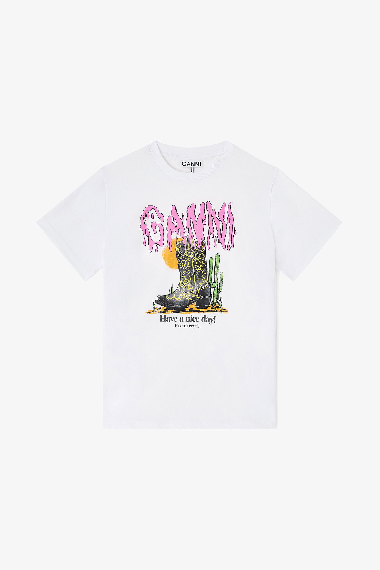 Hvit T-skjorte med cowboyst&oslash;vel-trykk, Organic Cotton, in colour Bright White - 1 - GANNI