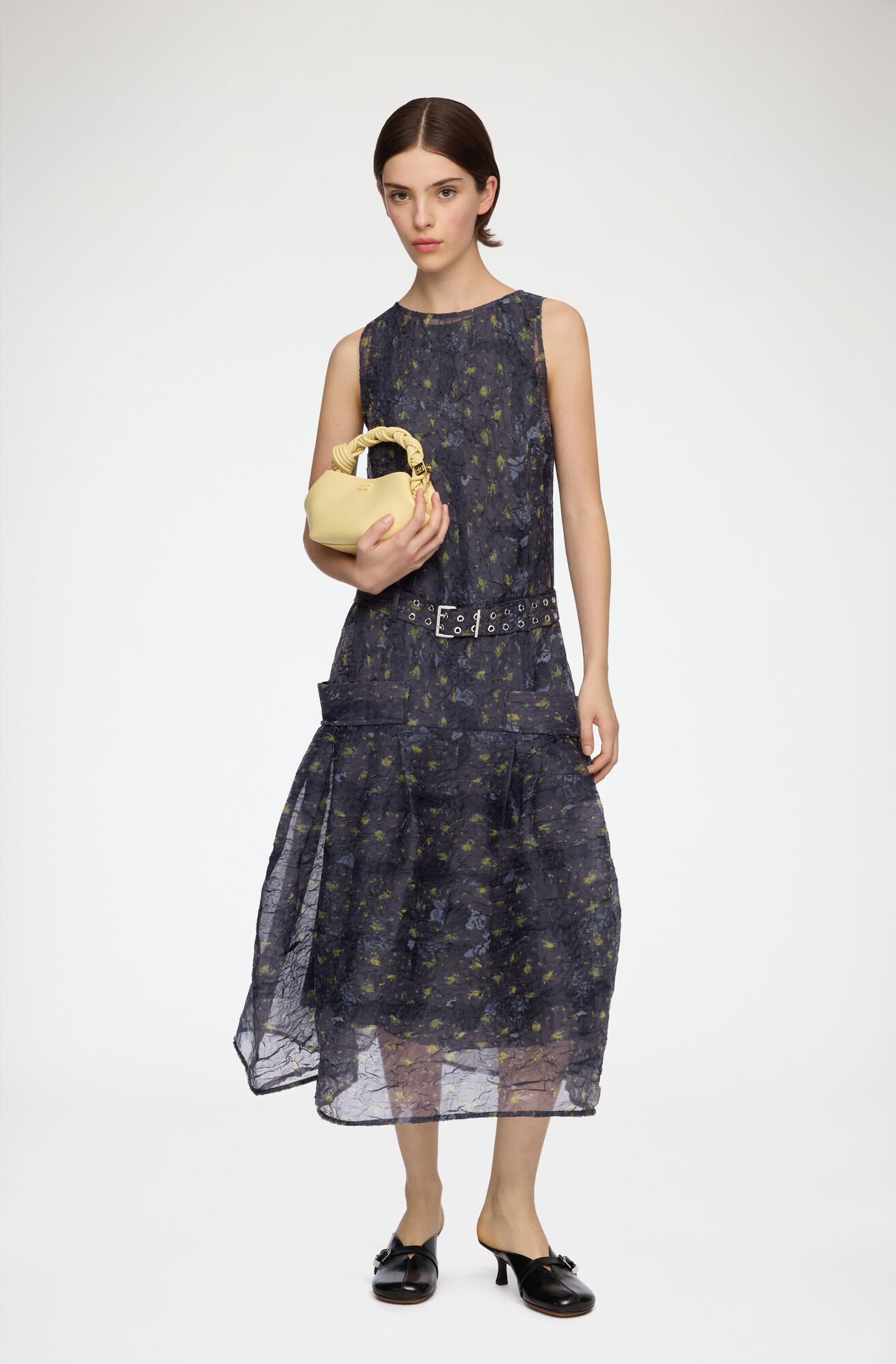 Dress in Shibori Organza, Recycled Polyester, in colour Black Sand - 1 - GANNI