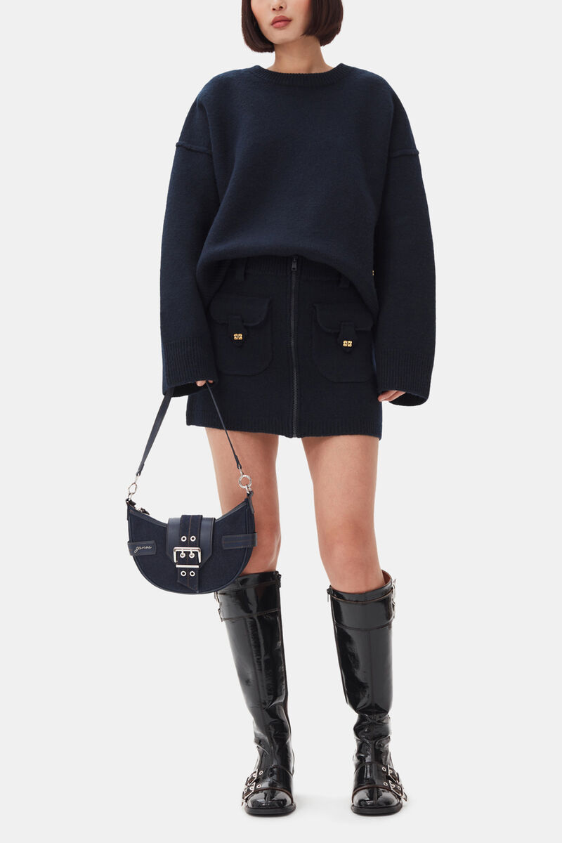 Dark Blue Denim Small Bucky Crossbody Bag, Recycled Cotton, in colour Dark Navy - 1 - GANNI