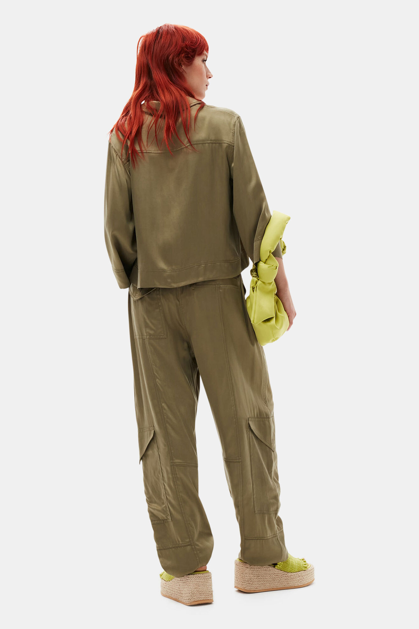 Washed Satin Crop Shirt, Cupro, in colour Aloe - 2 - GANNI