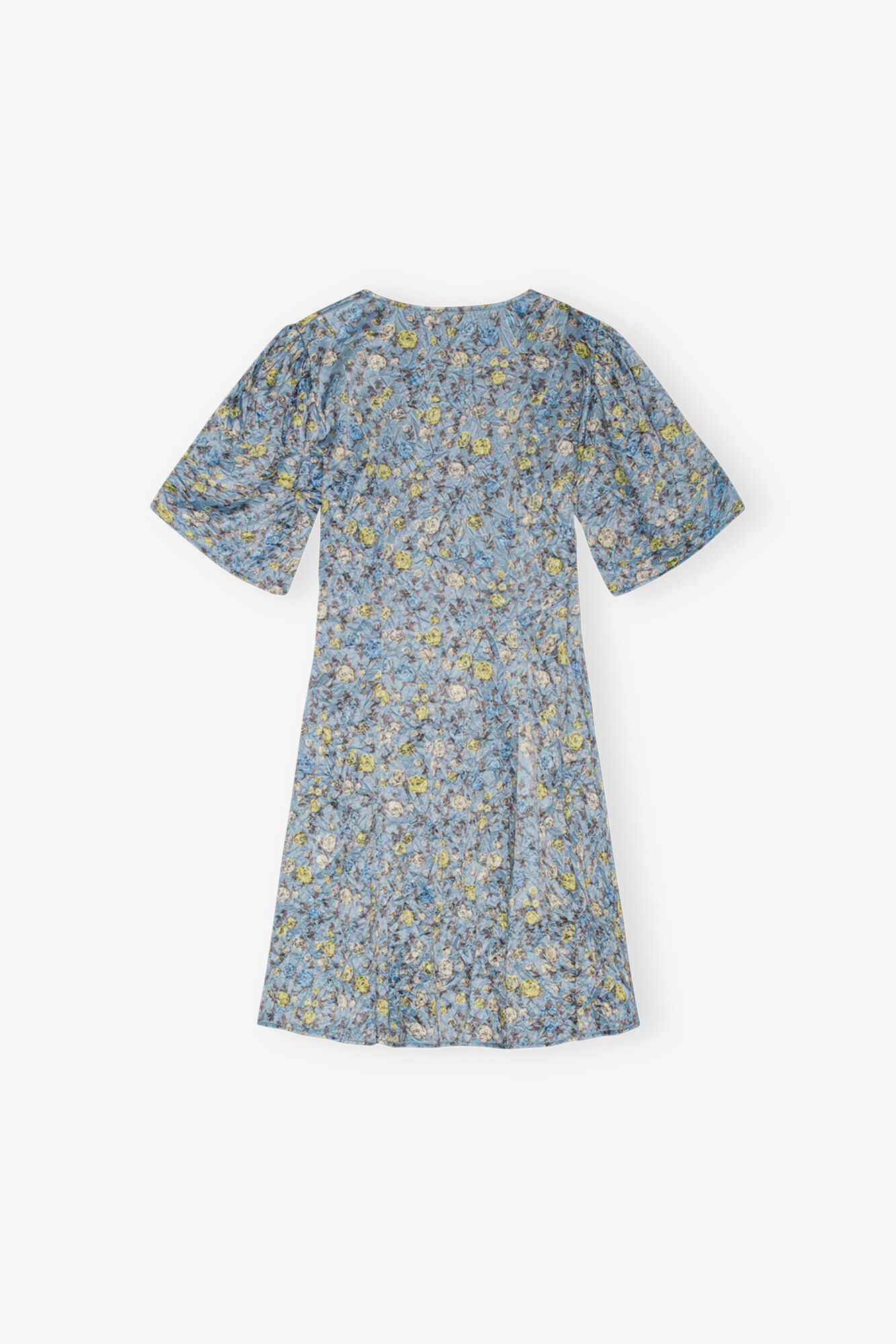 Blue Floral Printed Crinkled Satin Mini Wrap Dress | GANNI US