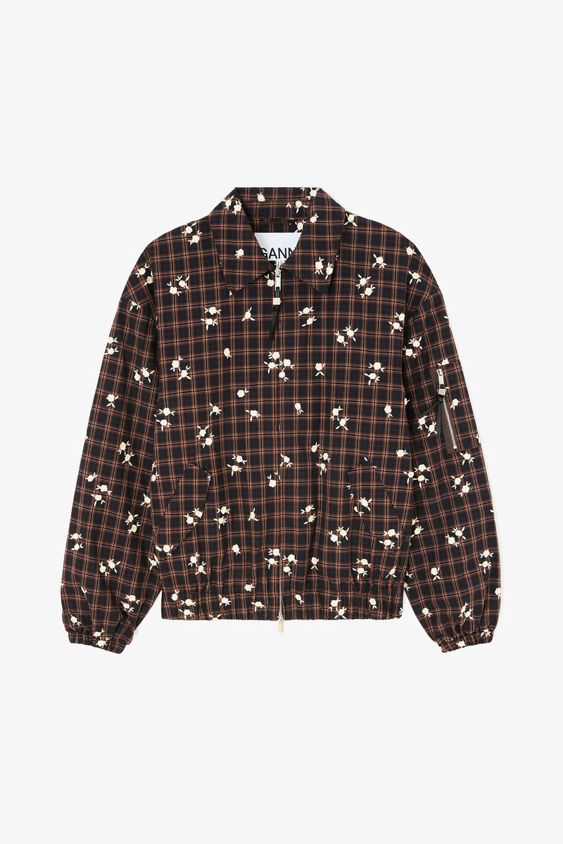 Bomber in Printed Check, Organic Cotton, in colour Cappuccino - 1 - GANNI