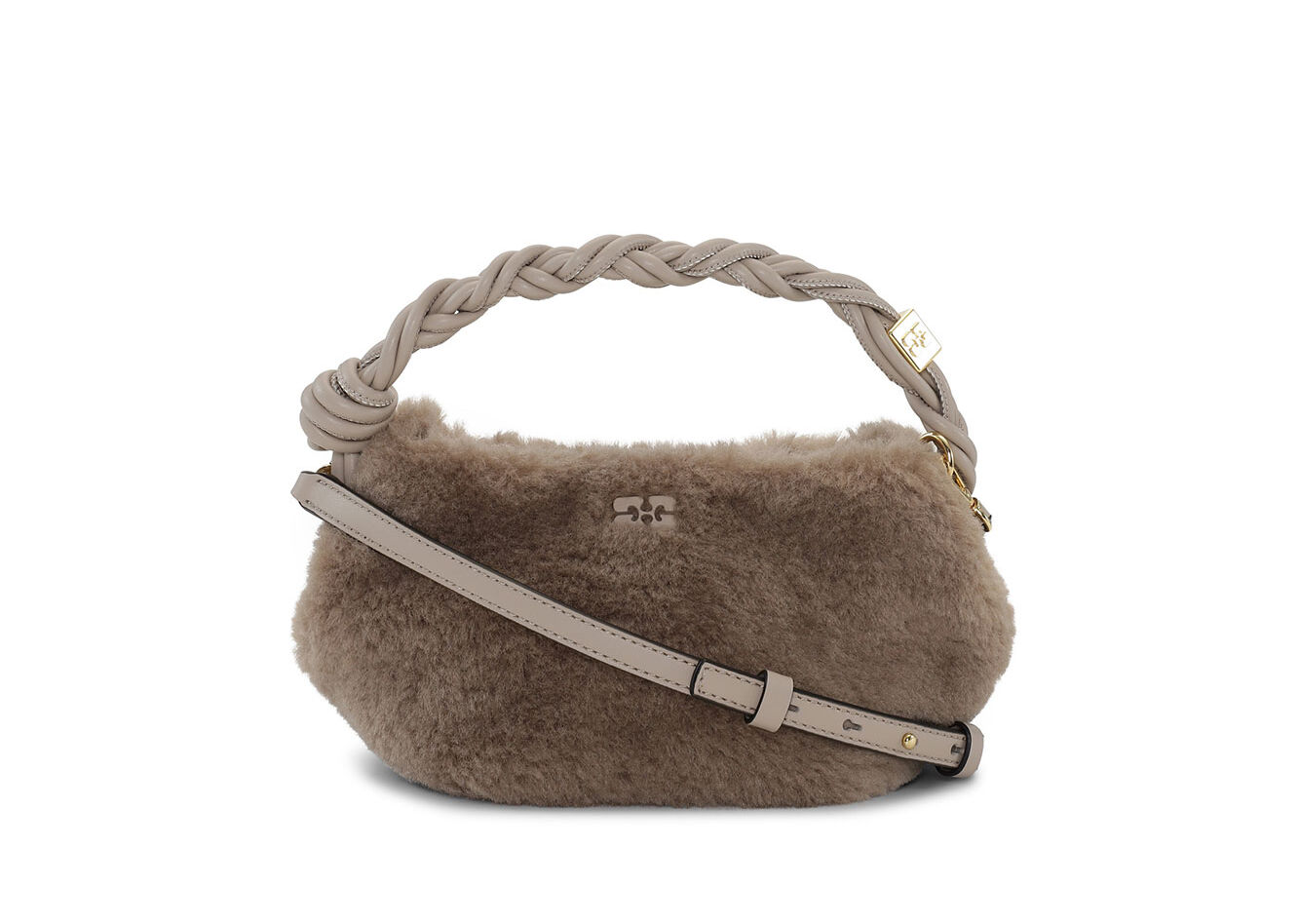 Light Grey Fluffy Mini GANNI Bou Bag, Recycled Polyester, in colour Oyster Gray - 1 - GANNI