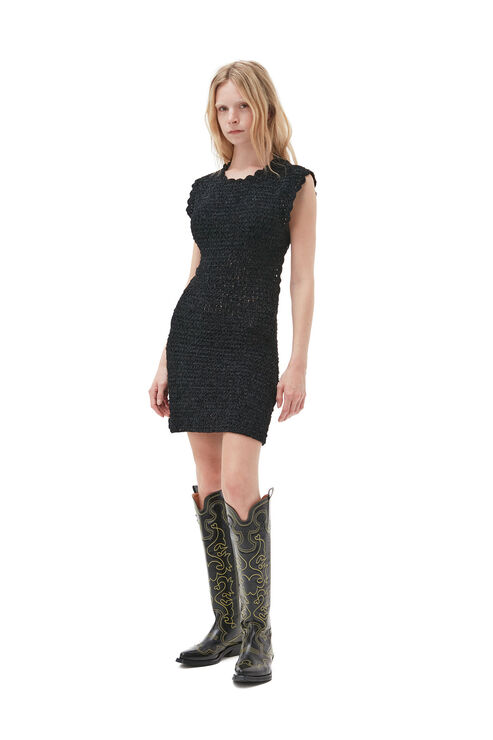 Ganni Sleeveless Velvet Crochet Open Back Mini Dress In Black