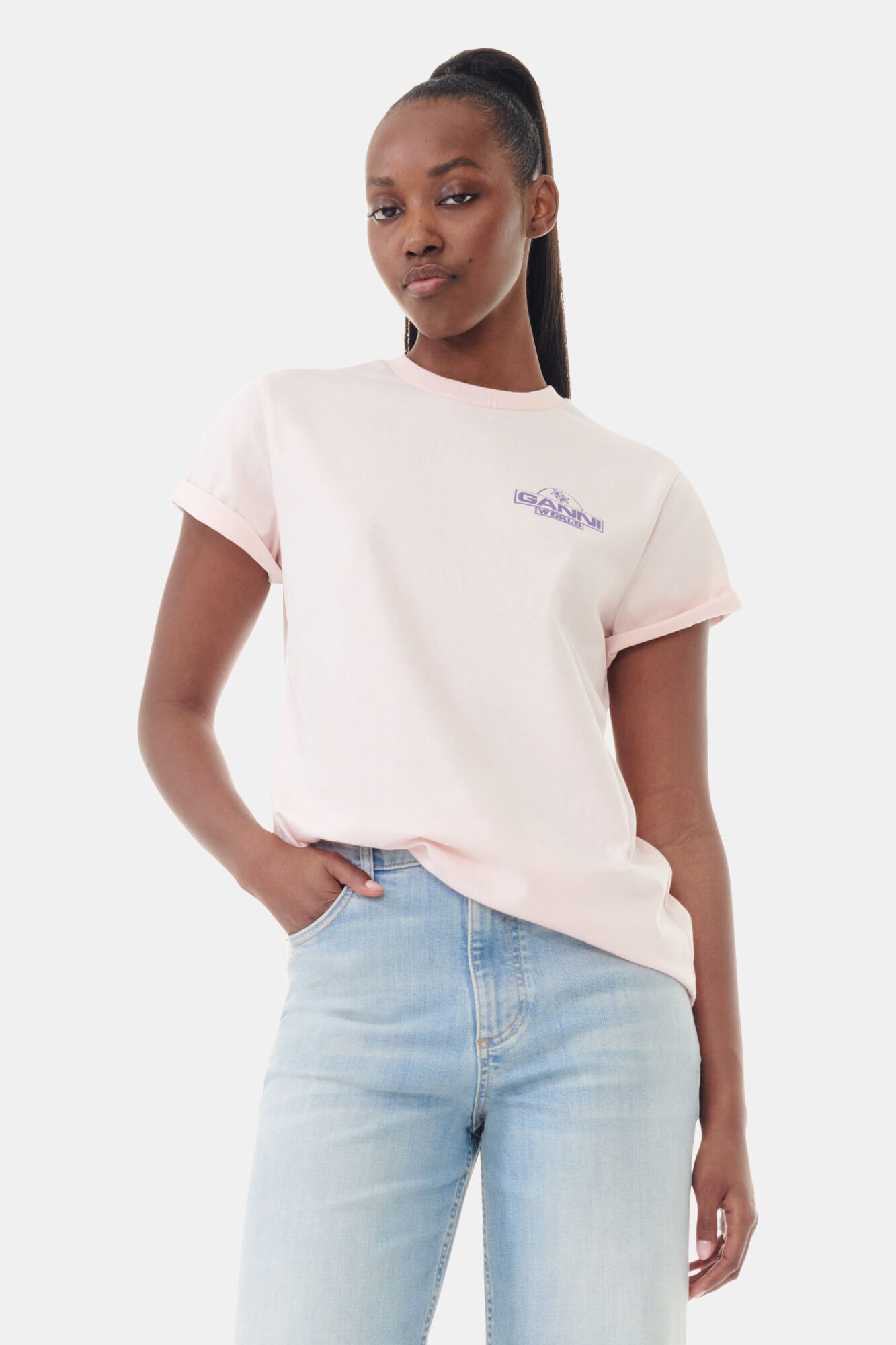 Basic Jersey Palm Trees Relaxed T-shirt, Cotton, in colour Lotus - 1 - GANNI