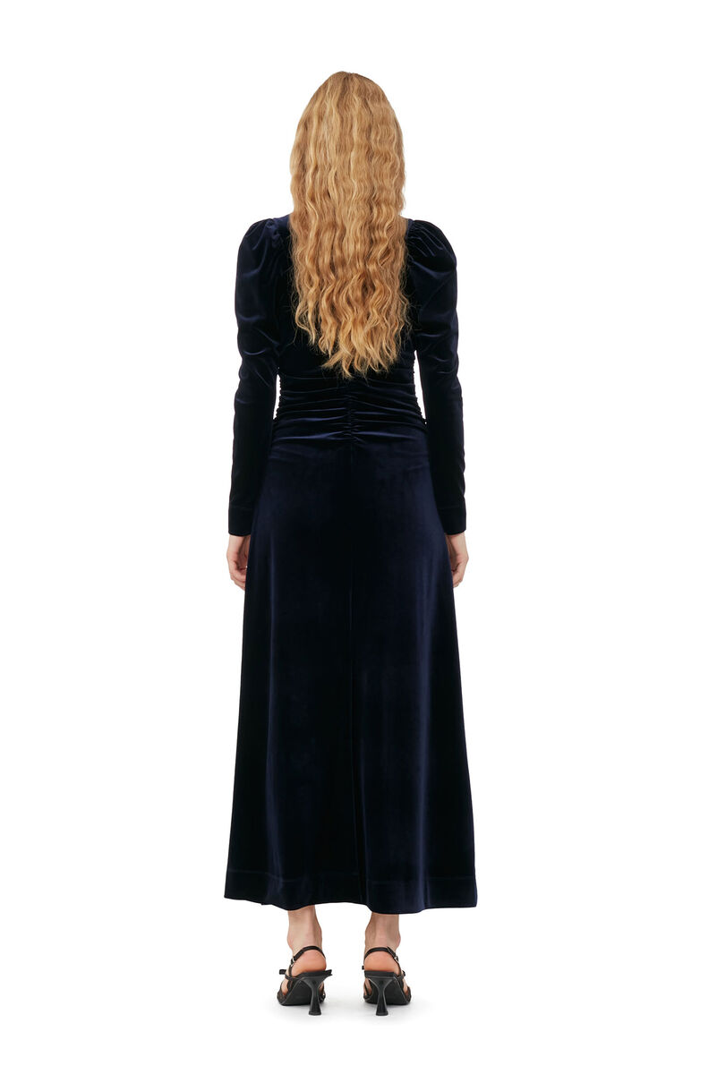 Blue Velvet Jersey Long Dress, Recycled Polyester, in colour Total Eclipse - 3 - GANNI