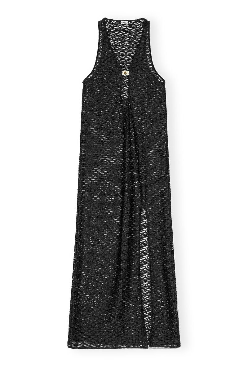 Black Mesh Lace Long Dress, Elastane, in colour Black - 1 - GANNI
