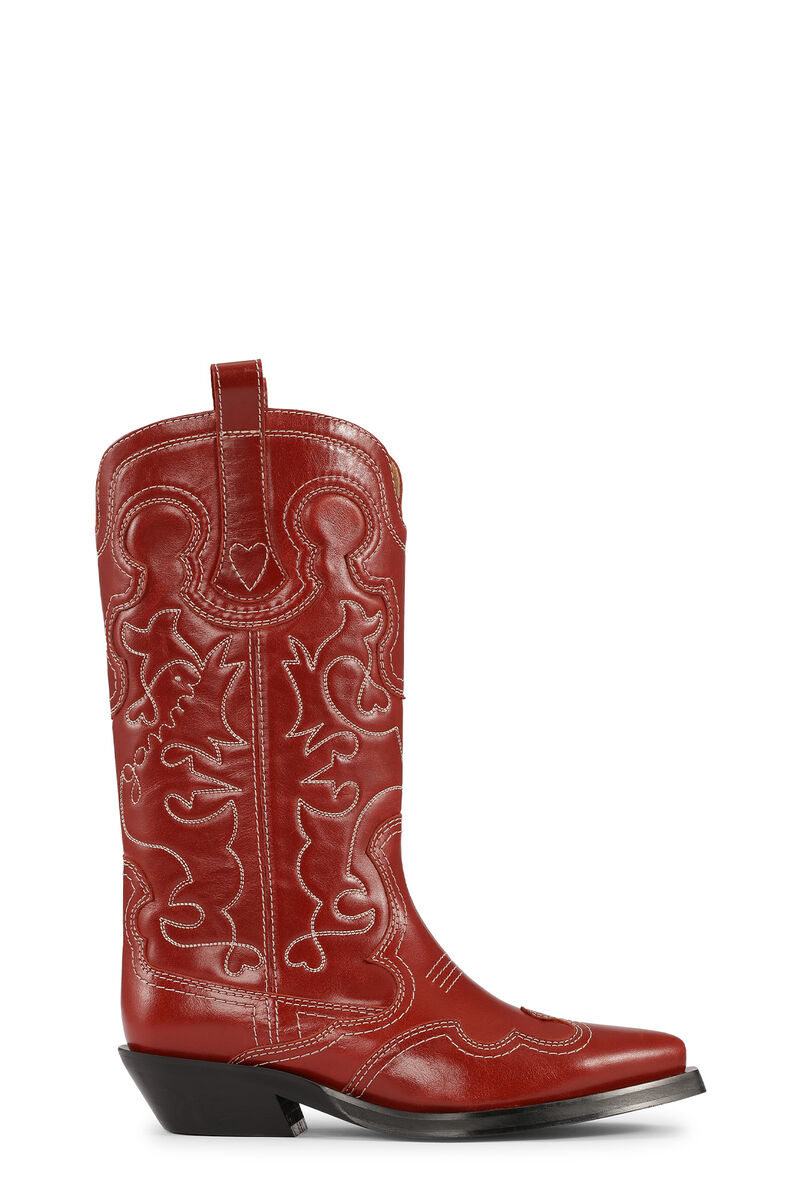 Barbados Cherry Red Mid Shaft Embroidered Western Boots | GANNI