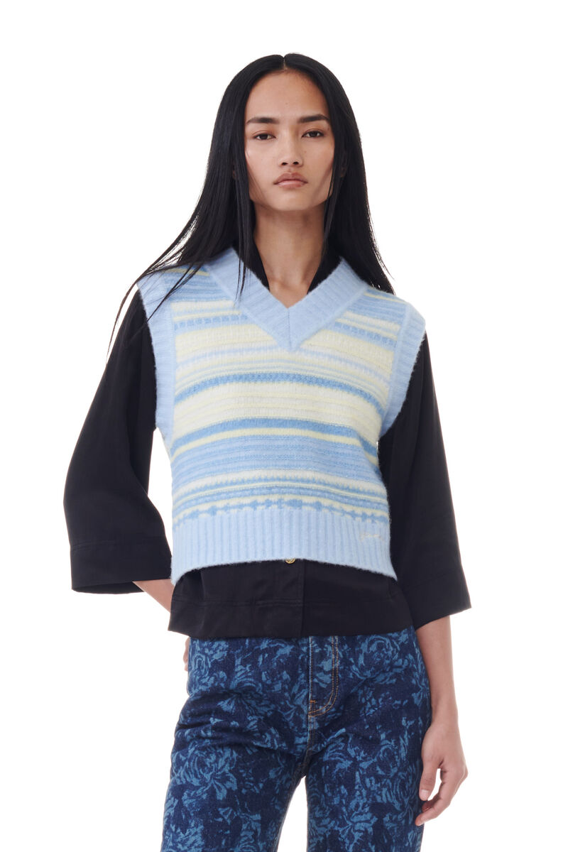 Blue Striped Soft Wool väst, Alpaca, in colour Skyway - 1 - GANNI