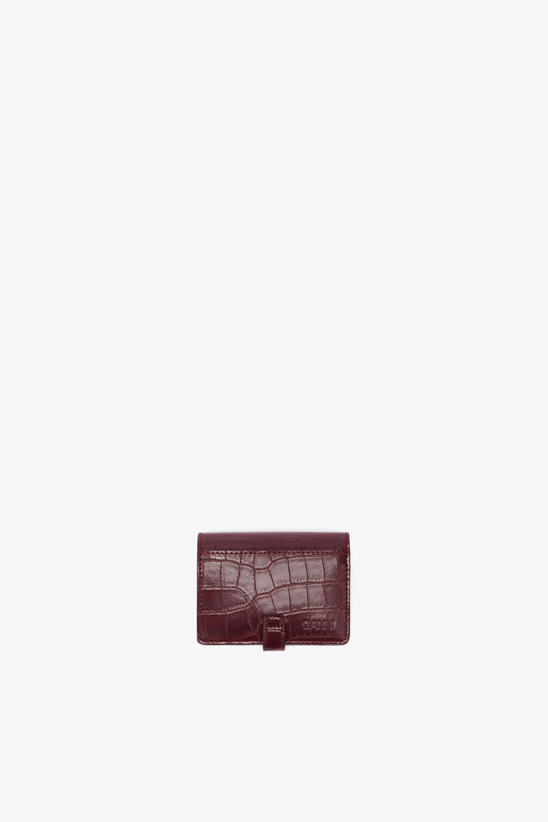 Sue Slim Wallet With Flap in Burgundy Croco, Recycled Leather, in colour Burgundy - 2 - GANNI