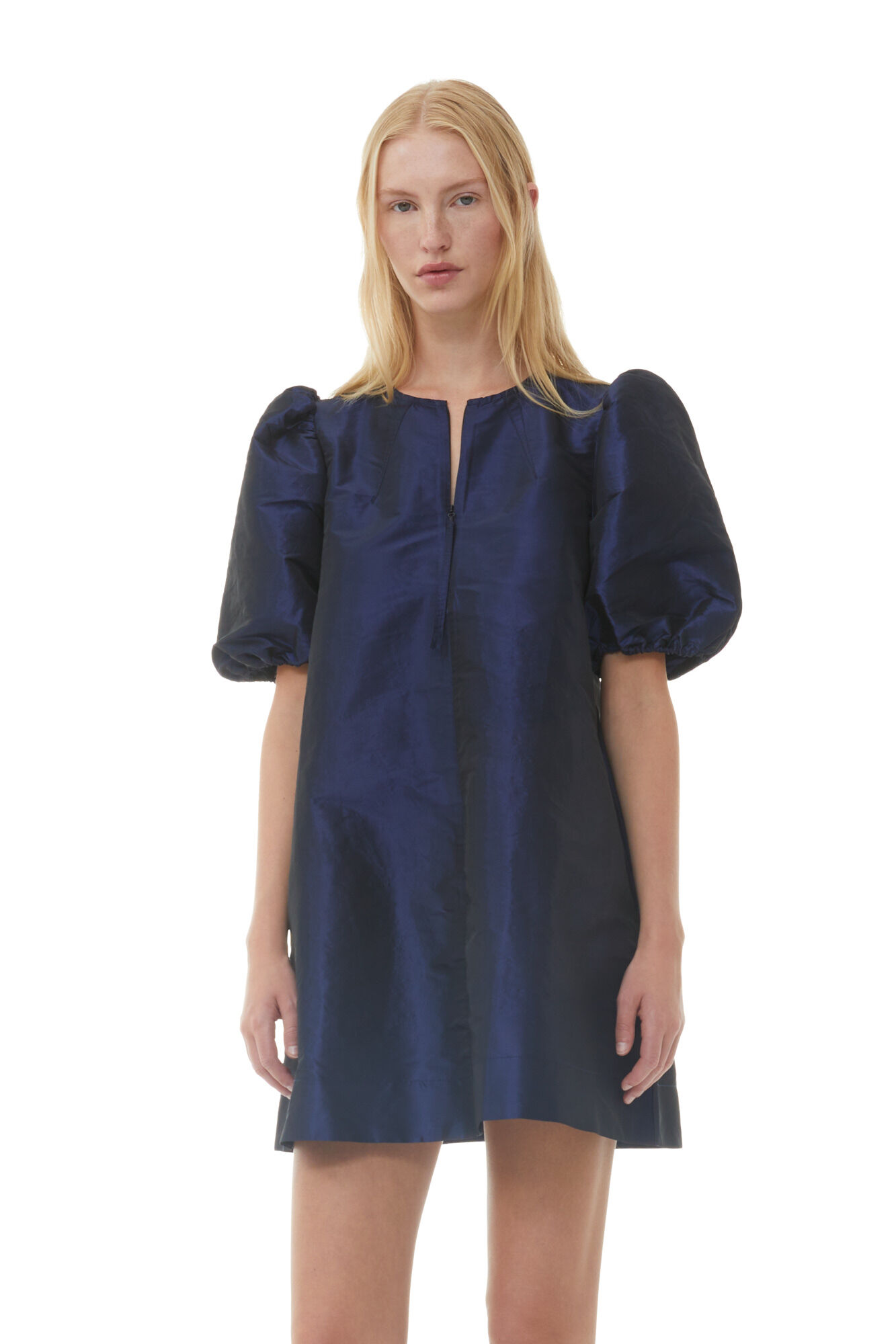Blue Shiny Taffeta Mini Dress, Polyester, in colour Sodalite Blue - 2 - GANNI