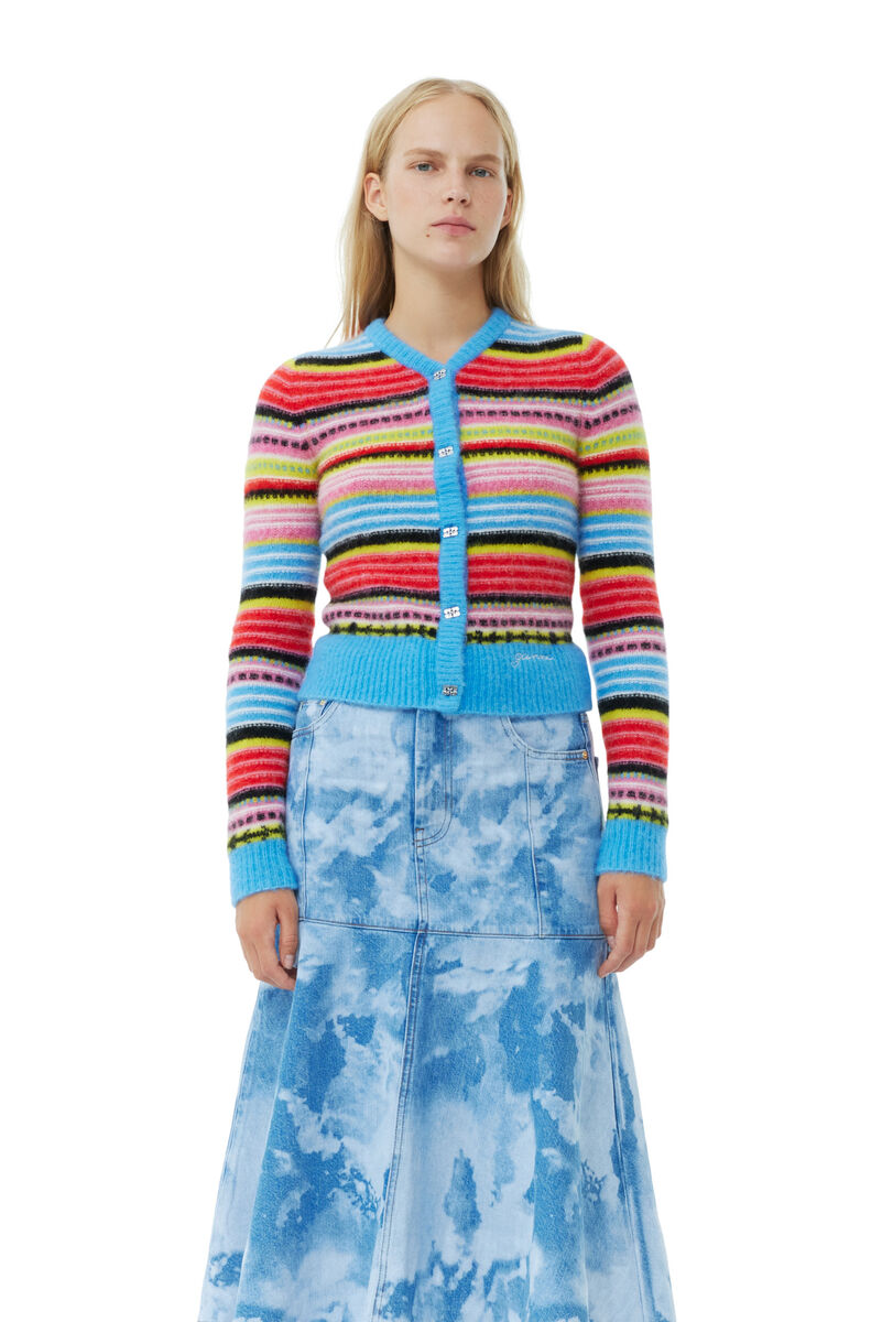 Striped Soft Wool Cardigan, Alpaca, in colour Multicolour - 1 - GANNI