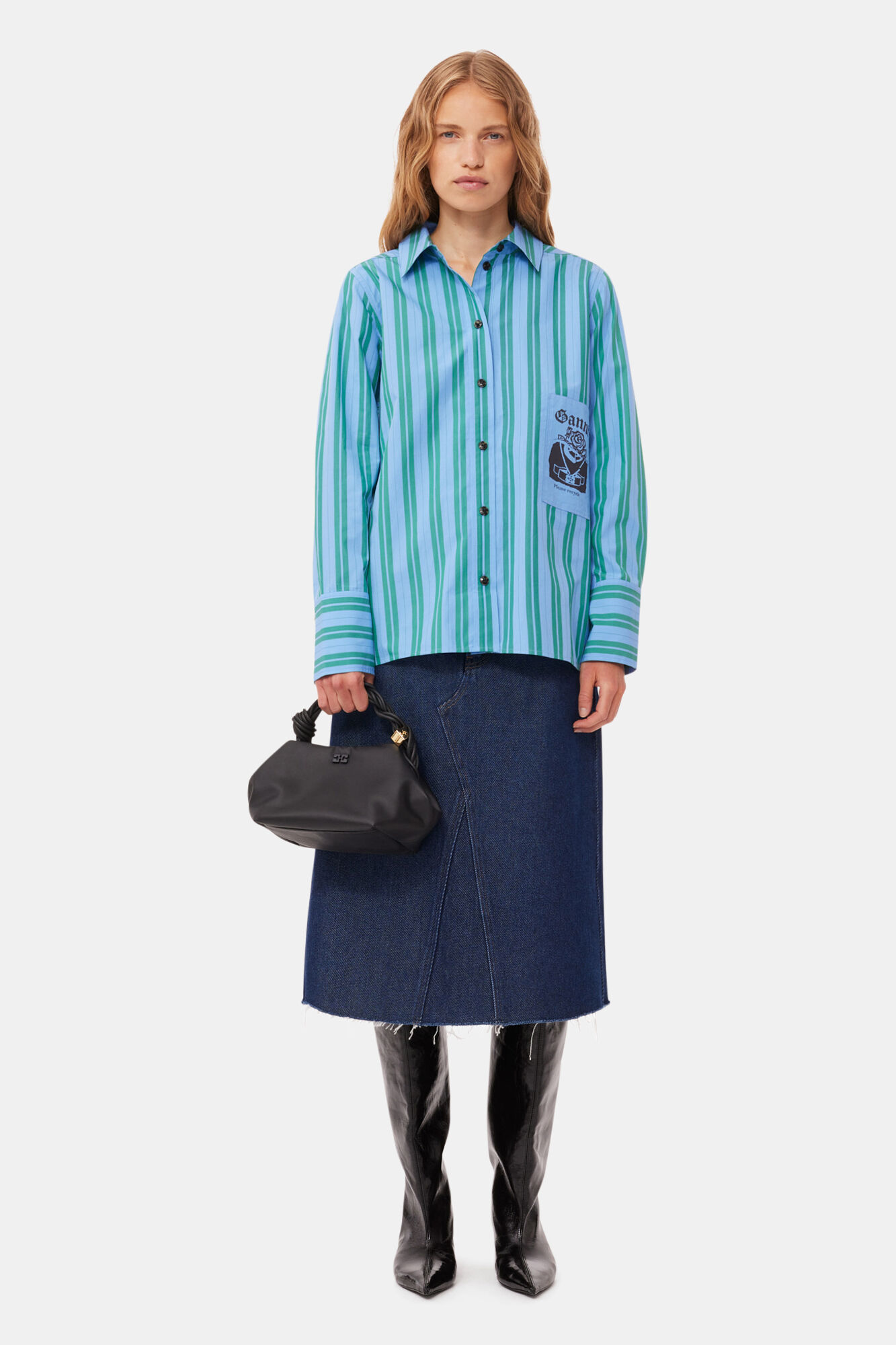 Re-cut Striped Cotton Shirt, Cotton, in colour Silver Lake Blue - 2 - GANNI