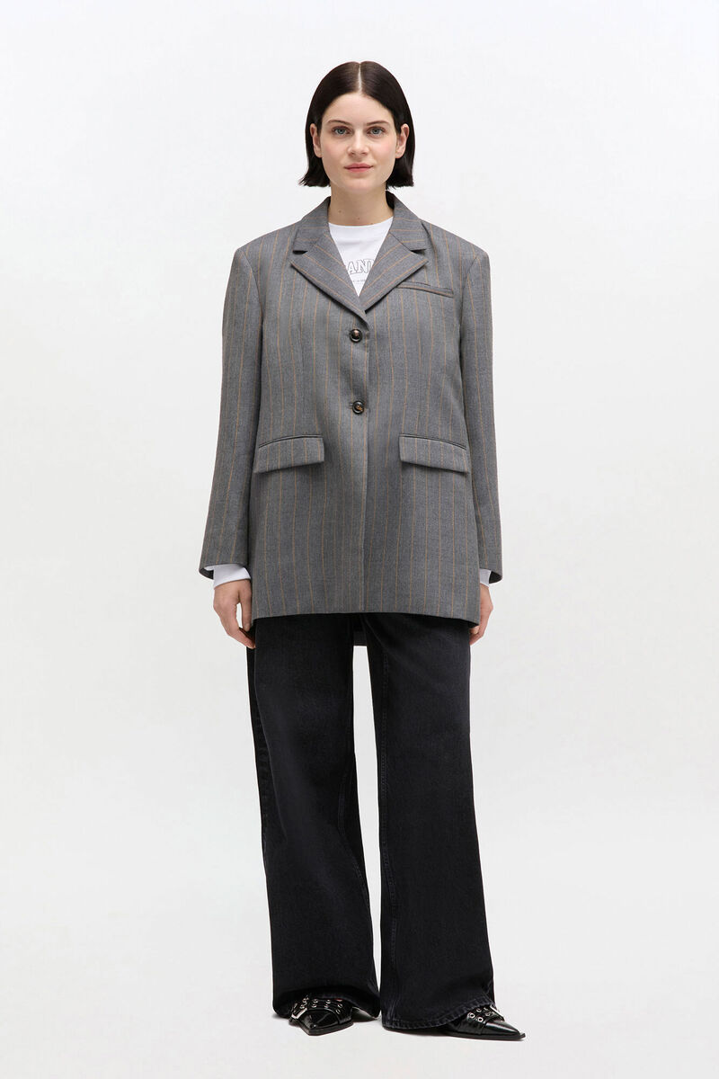 Grey Stripe Wool Blazer, in colour Pewter Melange - 1 - GANNI
