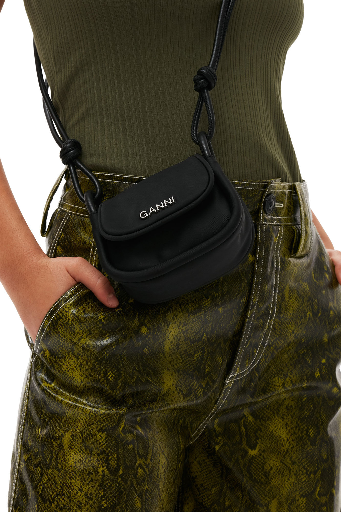 Black Knot Mini Flap Over Bag, Nylon, in colour Black - 2 - GANNI