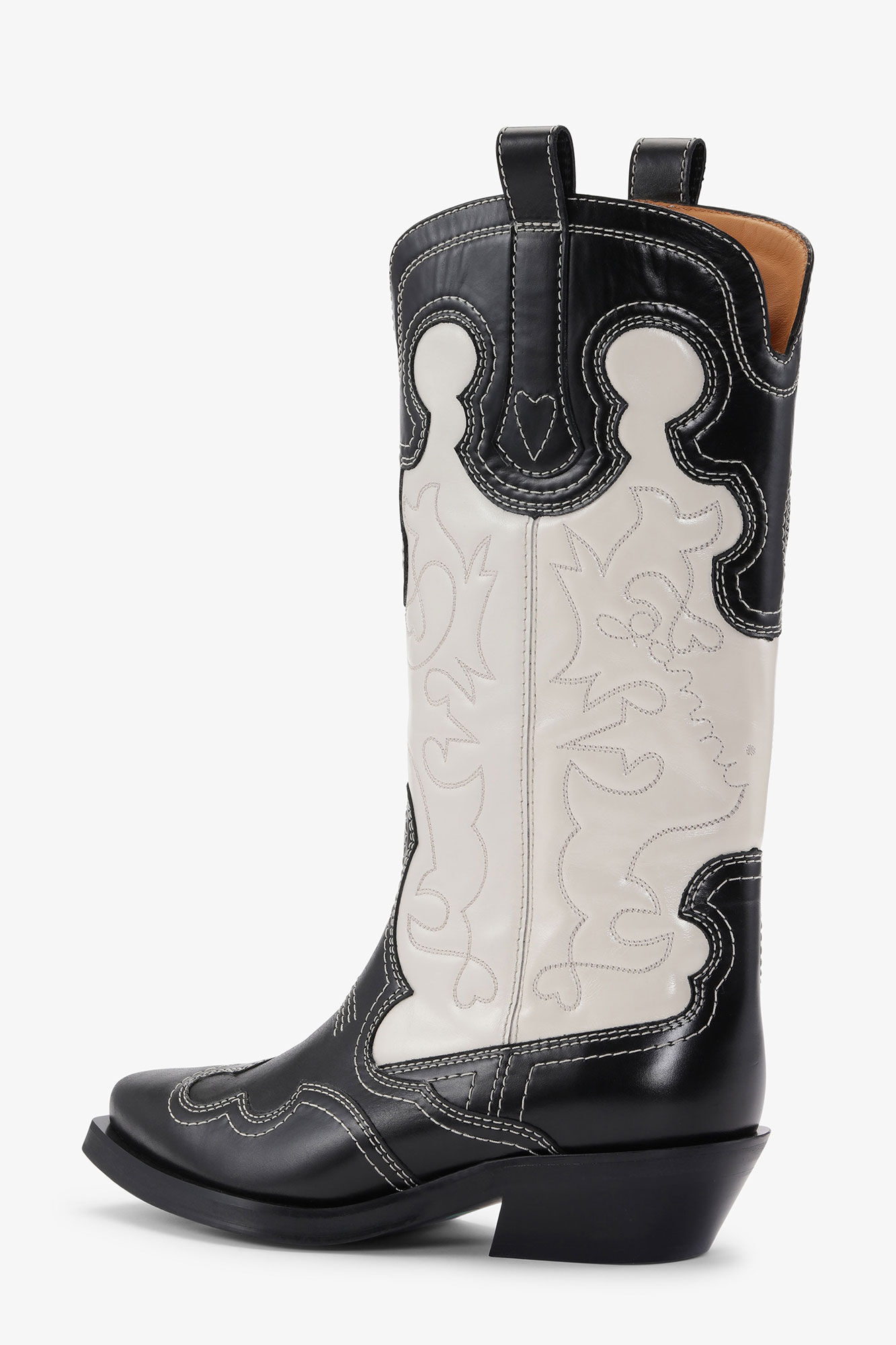 Black/White Mid Shaft Embroidered Western Boots, Calf Leather, in colour Black/Egret - 2 - GANNI