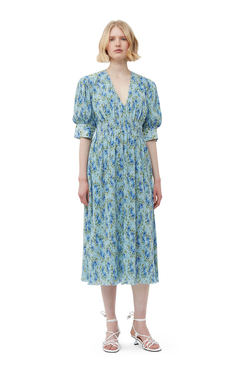 Pleated Georgette V-neck Smock Midi Dress, Recycled Polyester, in colour Ice Water - 1 - GANNI